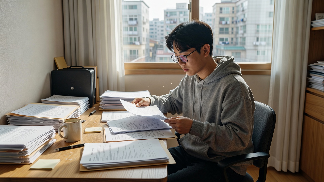 청년정책 신청 서류 준비를 위한 서류 정리 장면