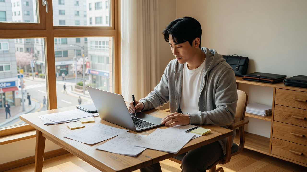 창업지원금 신청 사업계획서 목차 검토하는 청년 창업자